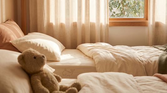 Tidy Aussie kid bedroom with cream leakproof fitted sheet