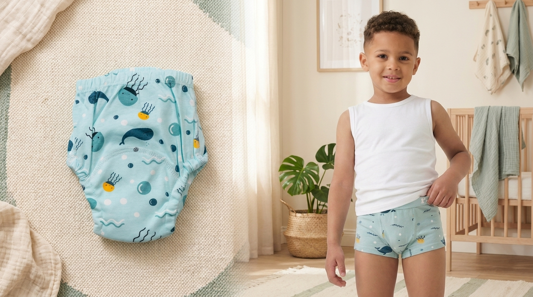 Rudie Baby Toilet Training Pants in Whales print on the left and toddler wearing matching Toilet Training Underwear on the right, sage and cream nursery setting, Australia