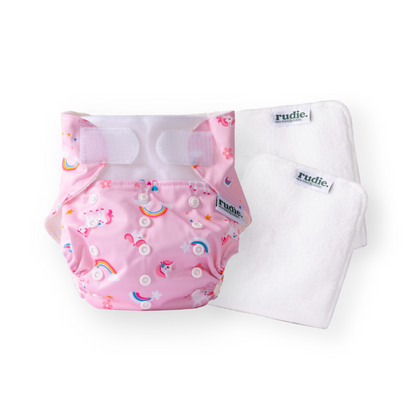 Rudie Baby DryStart toilet training diaper in Unicorns print with inserts