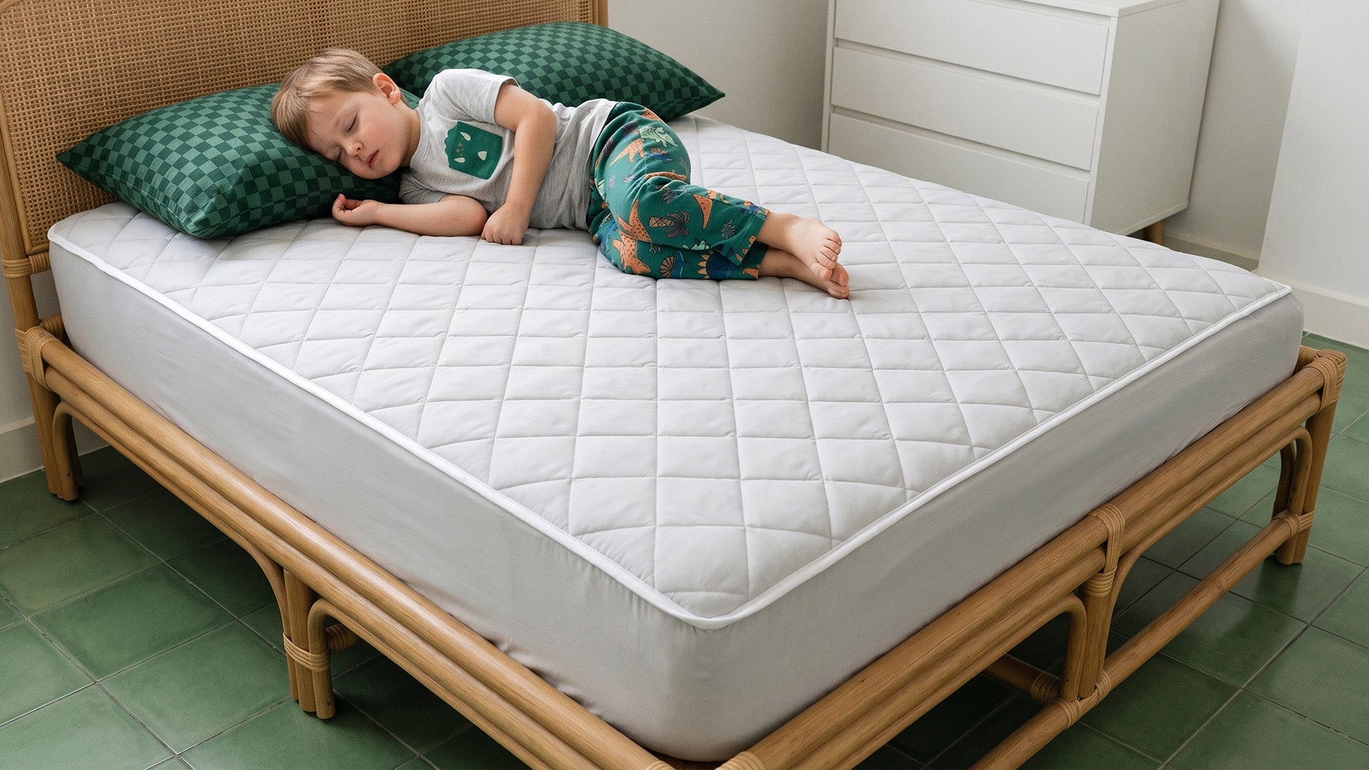 Toilet training Australia, calm child sleeping in bed with leakproof sheet